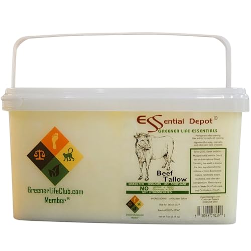 Beef Tallow - 7 lbs - Grass Fed - Non-GMO - Food Grade - Free from Lactose-Gluten-Glutamate-BSE - microwavable PP container, lock tab, resealable lid, removeable re-attachable handle