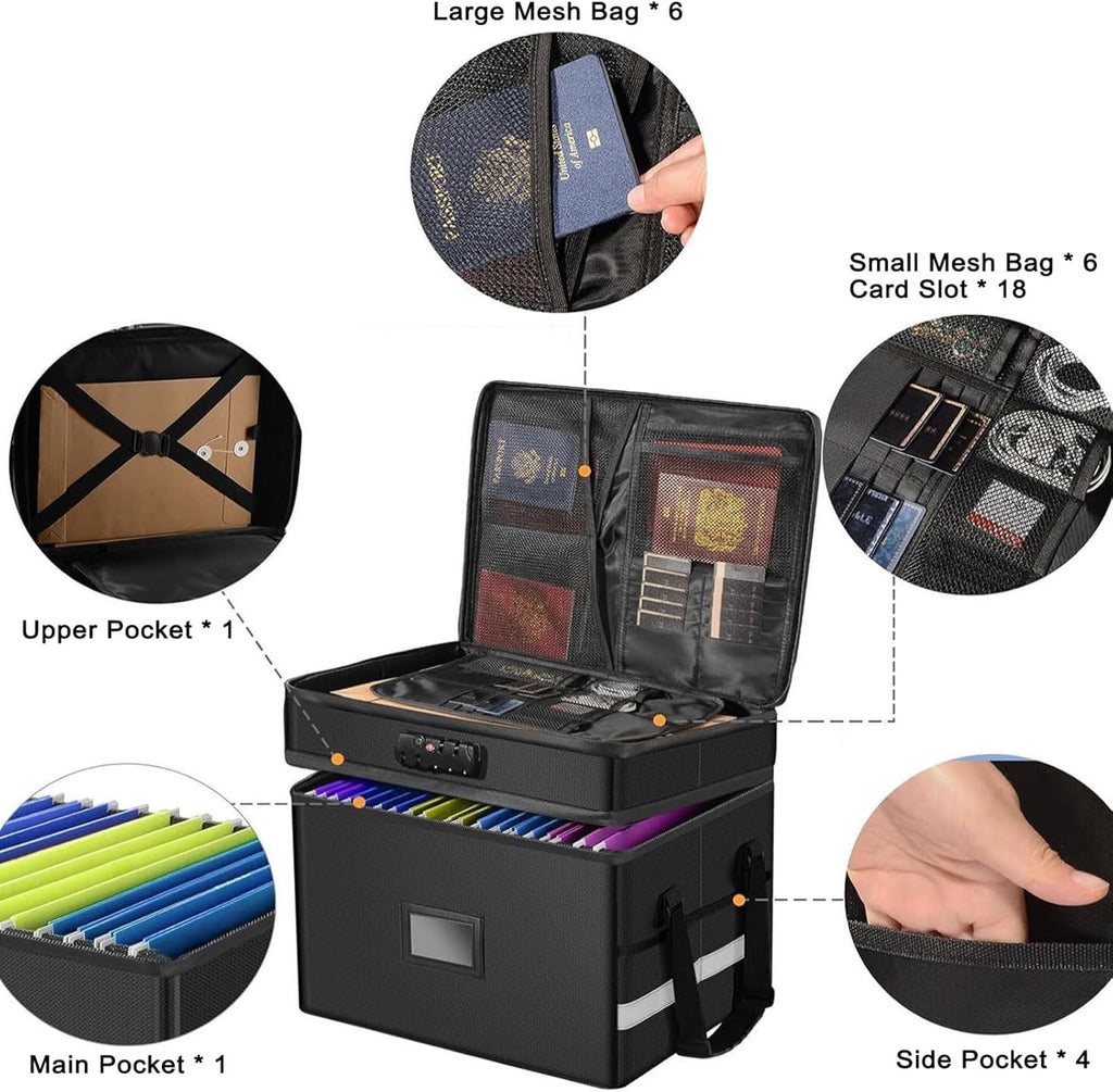 Fireproof Document Box with Lock, Water-Resistant File Organizer (Black) V5008