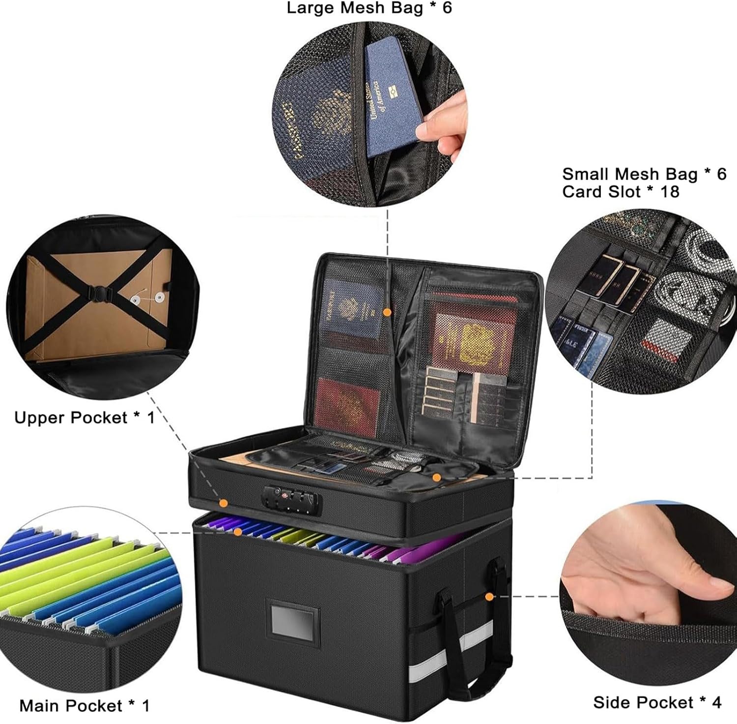 Fireproof Document Box with Lock, Water-Resistant File Organizer (Black) V5008