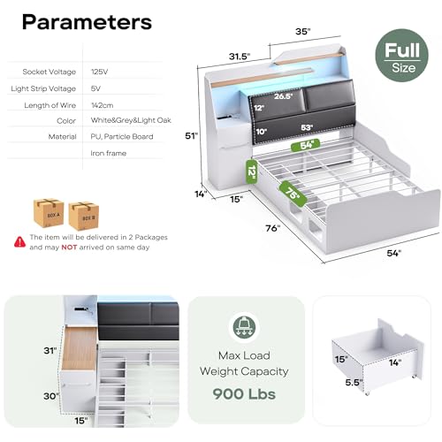 Full Platform Bed Frame with Foldable Desk, Storage Headboard, LED Light Y18160