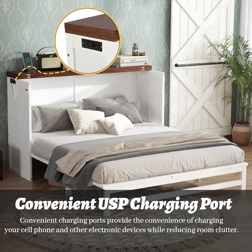 Queen Murphy Bed Cabinet with Storage Drawer and Charging Station, Solid Pine, White A401
