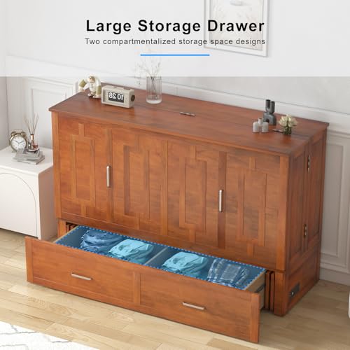 PUREMIND Queen Murphy Bed Cabinet with 2 Storage Drawers and USB Charging Station R5817