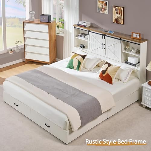 VanAcc Full Size Wooden Platform Bed with Bookcase Headboard and 2 Drawers O6158