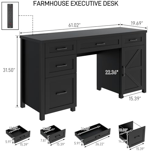 Farmhouse 61" Executive Desk with 5 Drawers and Charging Station, Pure Black W116439