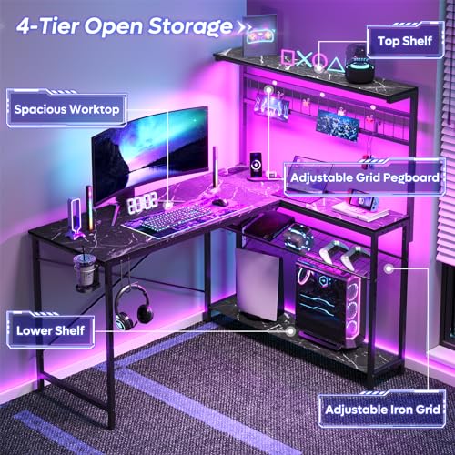 Bestier 42 L Gaming Desk with Power Outlets, LED Lights and Shelves D8630