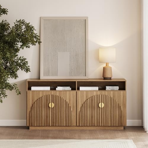 BELLEZE 65 Inch Fluted Buffet Cabinet with Storage, Caramel Brown U96619