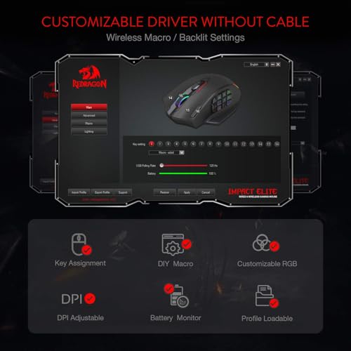 Redragon M908 Impact RGB MMO Gaming Mouse with 12 Side Buttons, 12400 DPI U713989