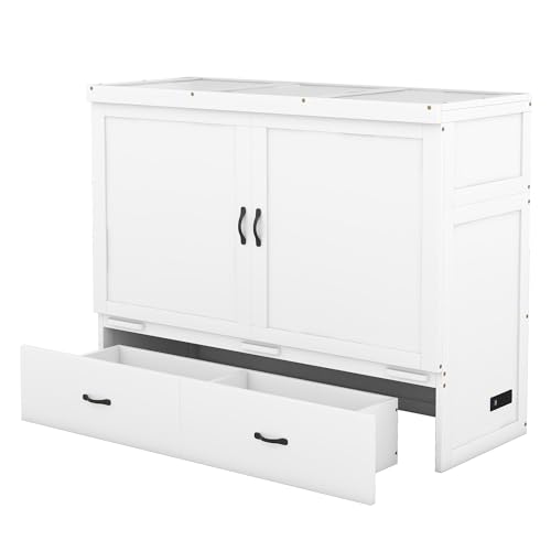 Ball & Cast Queen Size Solid Pine Murphy Bed with Charging Station, White + Walnut P2075