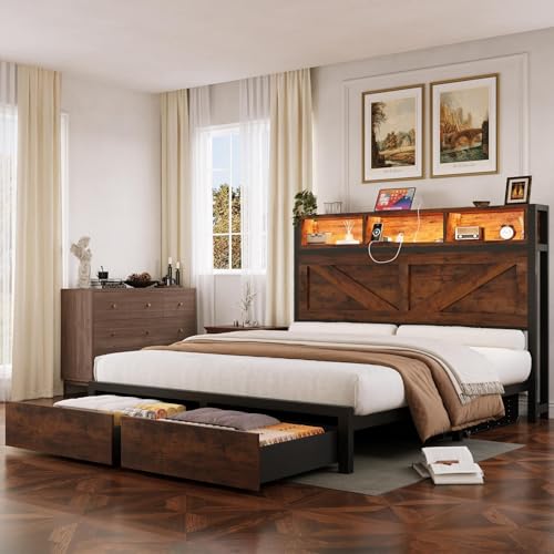 Farmhouse Full Bed Frame with Bookcase Headboard, Charging Station, Brown K11127