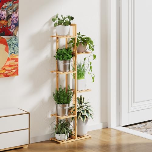 ROSSNY 48 Inch Tall 6-Tier Bamboo Plant Stand for Indoor Plants, Corner Plant Shelf, Natural W935552