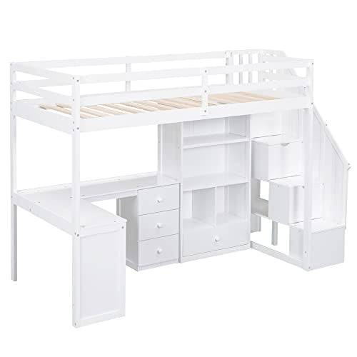 Harper & Bright Designs Twin Size Loft Bed with L-Shaped Desk and Stairs, Solid Wood, White D768