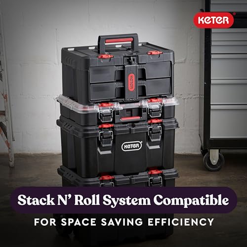 Keter Stack-n-Roll Modular Tools Organizer, 3 Piece Resin Rolling Tool Box, Black S451