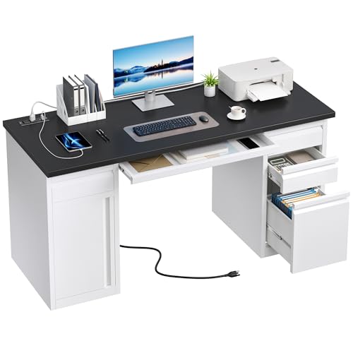 YITAHOME Office Desk with 5 Drawers, Power Outlets, 57 Inch, Black I604444
