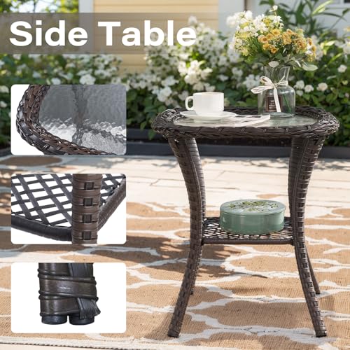 Outdoor Wicker Swivel Rocker Chairs Set of 2 with Rattan Side Table, Brown/Blue B592