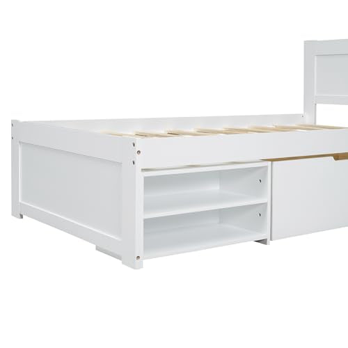 SOFTSEA Full Size Platform Bed with Storage Drawers and Bookcase Headboard, White V613109