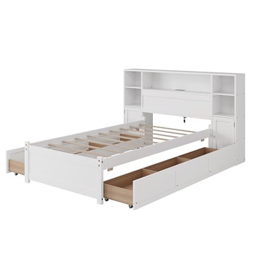 SOFTSEA Twin Size Captains Bed with 6 Storage Drawers and Bookcase Headboard, White H51434