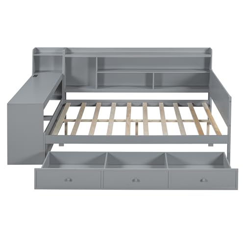 Bellemave Twin Corner Bed Frame with Storage Shelves and Desk, Gray L74206