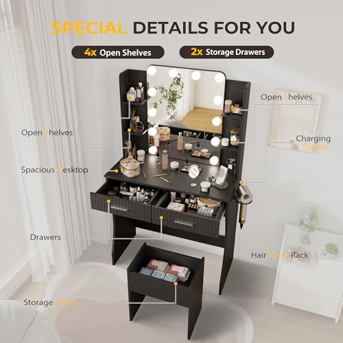 White Vanity Desk with LED Mirror and Storage Stool D5834