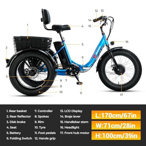 Electric Tricycle for Adults, 20" x 4.0 Fat Tire, 750W, Foldable 3-Wheel, Blue M791