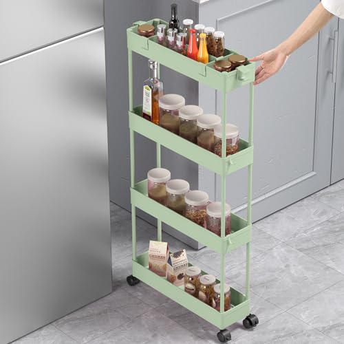 SPACELEAD Slim Storage Cart 4 Tier, Rolling Utility Cart for Bathroom & Kitchen, White Q18019