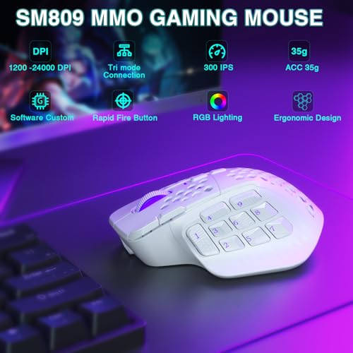 SM809 Pro Wireless MMO Gaming Mouse 24000 DPI Triple Connectivity RGB Black A4613