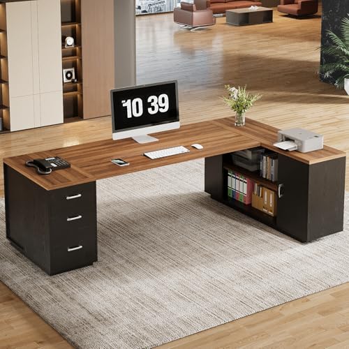 Tribesigns 85.8-Inch L-Shaped Executive Desk with File Drawers & Shelves, White & Brown I578