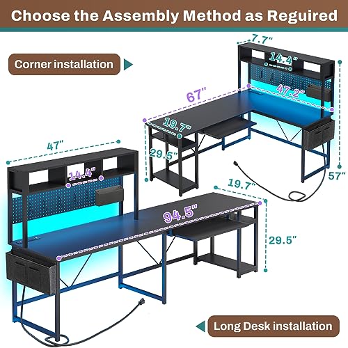 SEDETA L Shaped Gaming Desk with Power Outlet and Pegboard, Black B28201