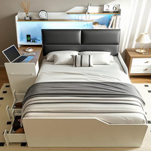 Full Platform Bed Frame with Foldable Desk, Storage Headboard, LED Light Y18160
