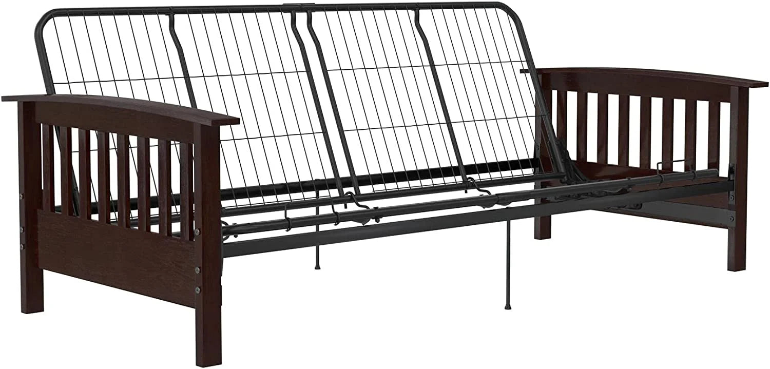 Elbi Full Size Wood and Black Metal Futon Frame, Natural Q52613