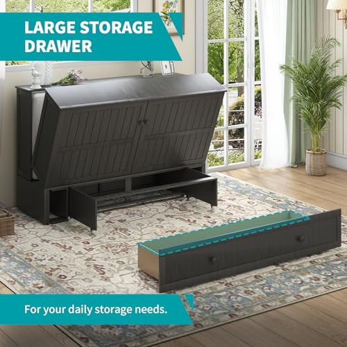 BALUS Queen Murphy Bed Cabinet with USB Charging Station, Cherry Q863