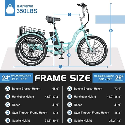 MOONCOOL Electric Tricycle for Adults, 350W 36V, 7 Speeds with Large Basket L833080