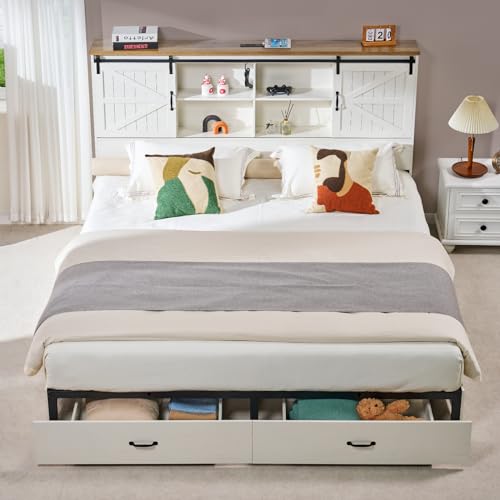 VanAcc Full Size Wooden Platform Bed with Bookcase Headboard and 2 Drawers O6158