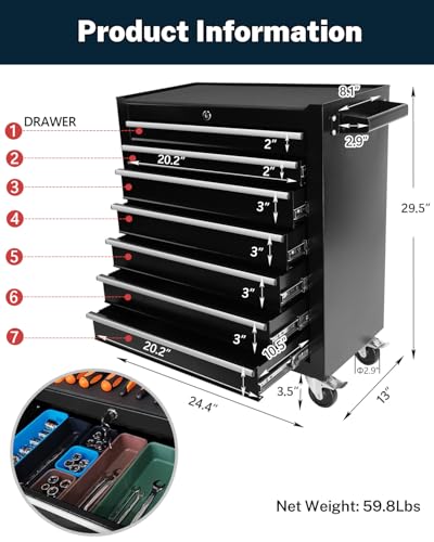 7-Drawer Rolling Tool Chest with Wheels, Lockable Steel Storage Cabinet, Black S62207