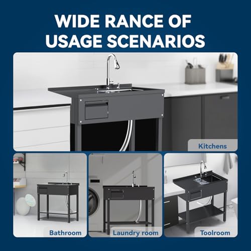 36" Stainless Steel Freestanding Utility Sink with Drawer and Faucet Z64648