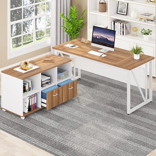 Tribesigns 63" Executive Desk with 47" Lateral File Cabinet, L-Shaped Computer Desk, Brown and Black N680173
