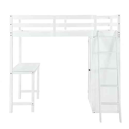 Harper & Bright Designs Full Size Loft Bed with Wardrobe and Desk, Solid Wood, White R4710
