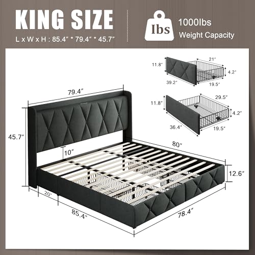 Queen Bed Frame with 4 Storage Drawers and Charging Station, Black S804993