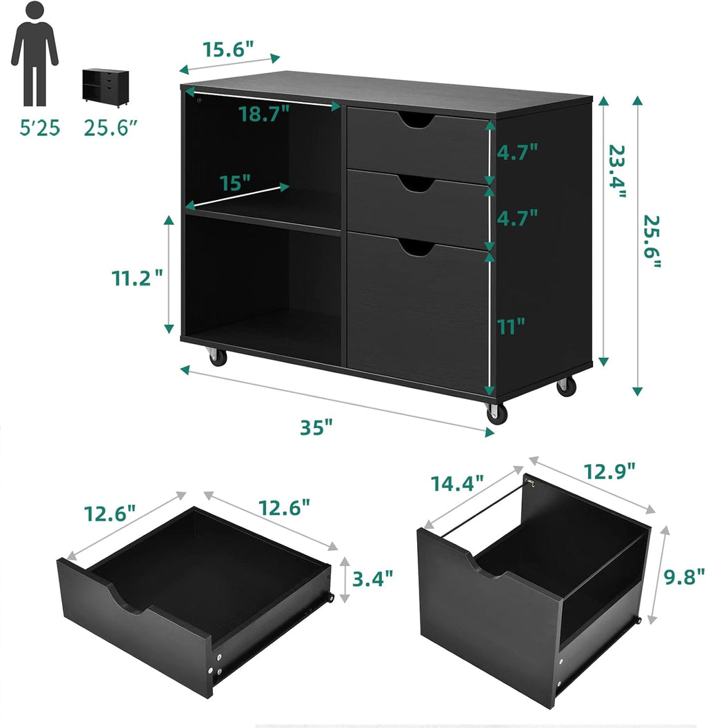 YITAHOME 3 Drawer Mobile Wood File Cabinet for Home Office, Black P51639