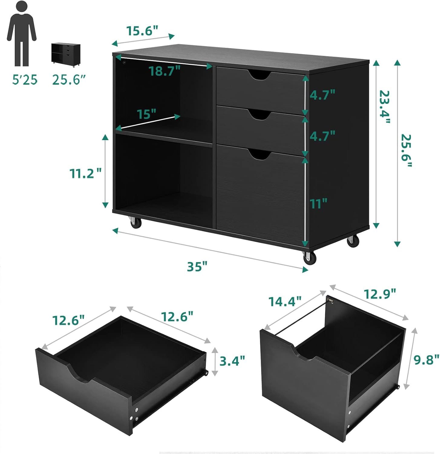 YITAHOME 3 Drawer Mobile Wood File Cabinet for Home Office, Black P51639