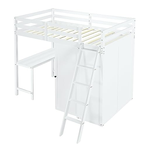 Harper & Bright Designs Full Size Loft Bed with Wardrobe and Desk, Solid Wood, White R4710