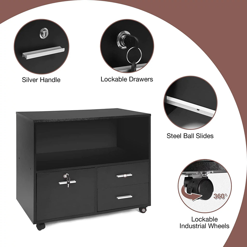 Karmas Product Wood File Cabinet with Lock 3 Drawer Mobile Lateral, Black X3979