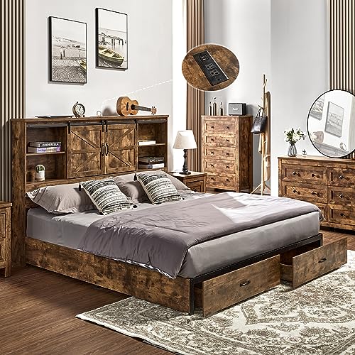 VanAcc Full Size Wooden Platform Bed with Bookcase Headboard and 2 Drawers O6158