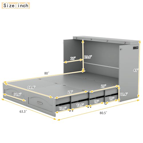 Queen Size Solid Pine Murphy Bed Chest with Charging Station and Storage Drawer K498