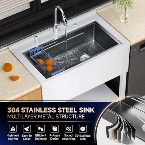 Stainless Steel Utility Sink 36" Freestanding with Pull Out Faucet, Black Y959806