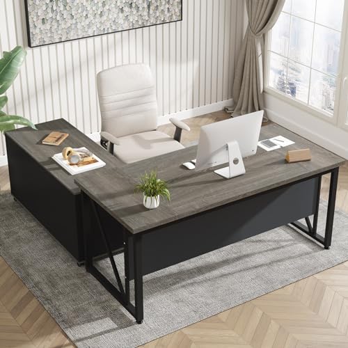Tribesigns 63" Executive Desk with 47" Lateral File Cabinet, L-Shaped Computer Desk, Brown and Black N680173