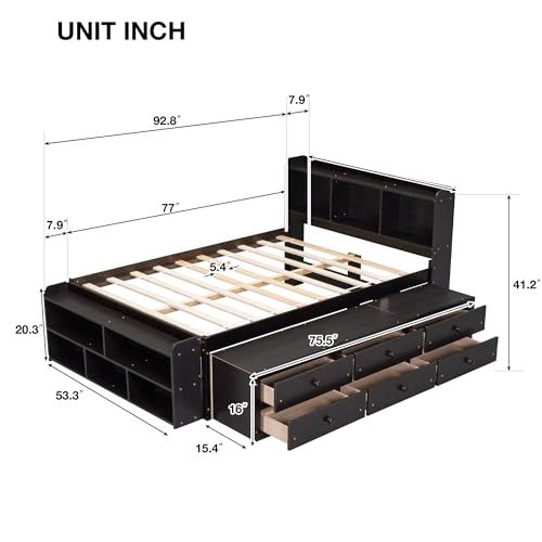 SOFTSEA Full Size Platform Bed with Storage Drawers and Bookcase Headboard, White V613109