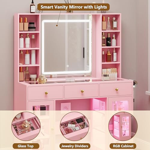 White Vanity Desk with Mirror and Lights, Glass Top, 3 Drawers V863482