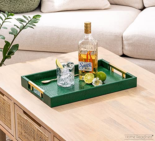 White Marble Faux Leather Decorative Tray with Handles D972626