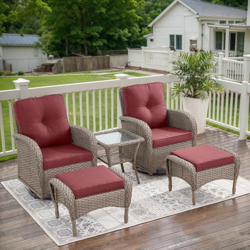 Outdoor Wicker Swivel Rocker Chairs Set of 2 with Rattan Side Table, Brown/Blue B592