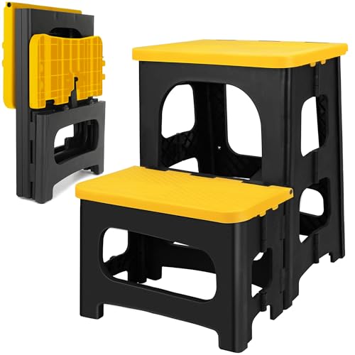 Folding 2-Step Stool, Non-Slip Portable Footstool 8" & 17" Dual Heights, Holds 300 lbs, Portable Footstool for Kitchen Home Toilet Bedroom Office Bathroom RV(Yellow)